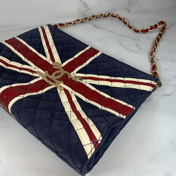 โโ CHANEL Union Jack UK Bag British Flag suede vintage London CC Shoulder/clutch - Picture 8 of 16
